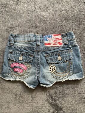 True Religion Distressed Light Blue Denim Shorts with Patch Details